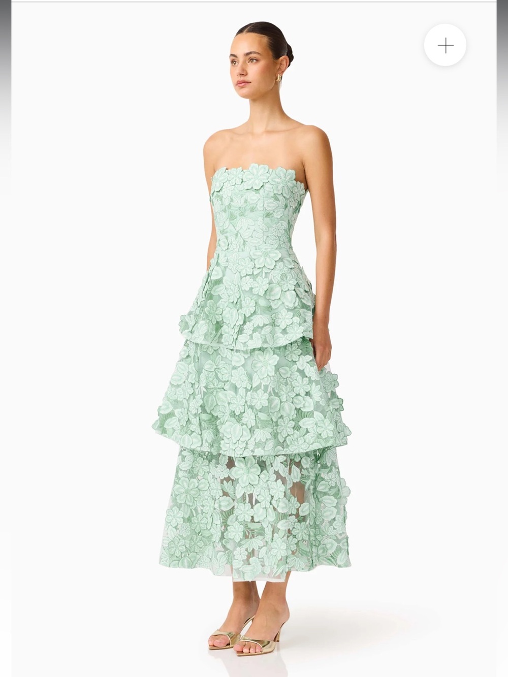 elliatt roseate green 3d floral lace applique strapless tiered maxi dress large - Picture 3 of 14